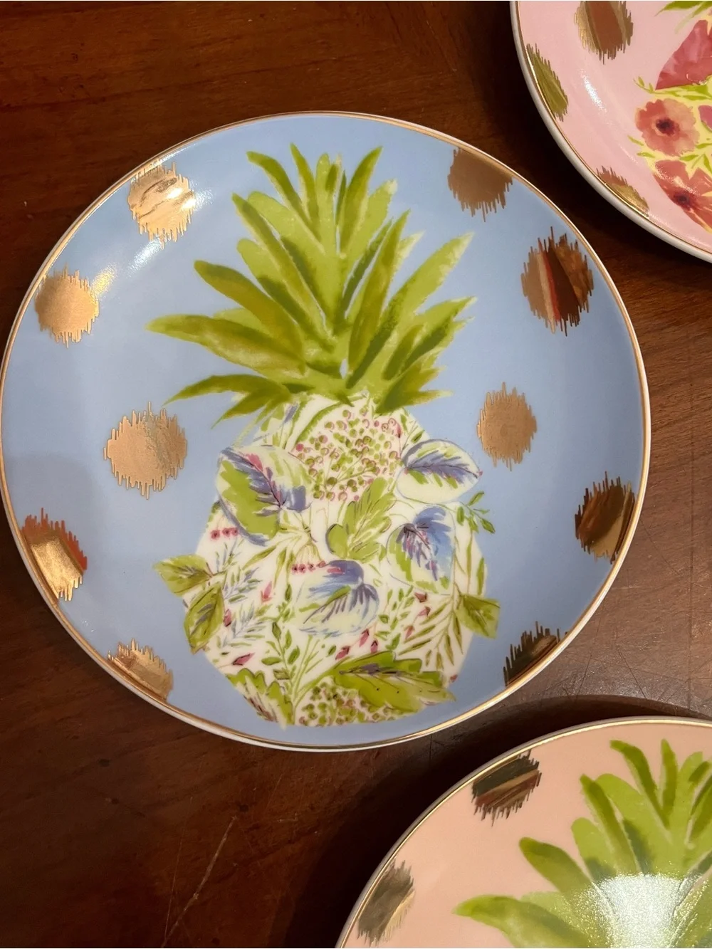 VTG Pier 1 Imports Pineapple Appetizer Plates Pastel Gold Polka Dot Set of 4